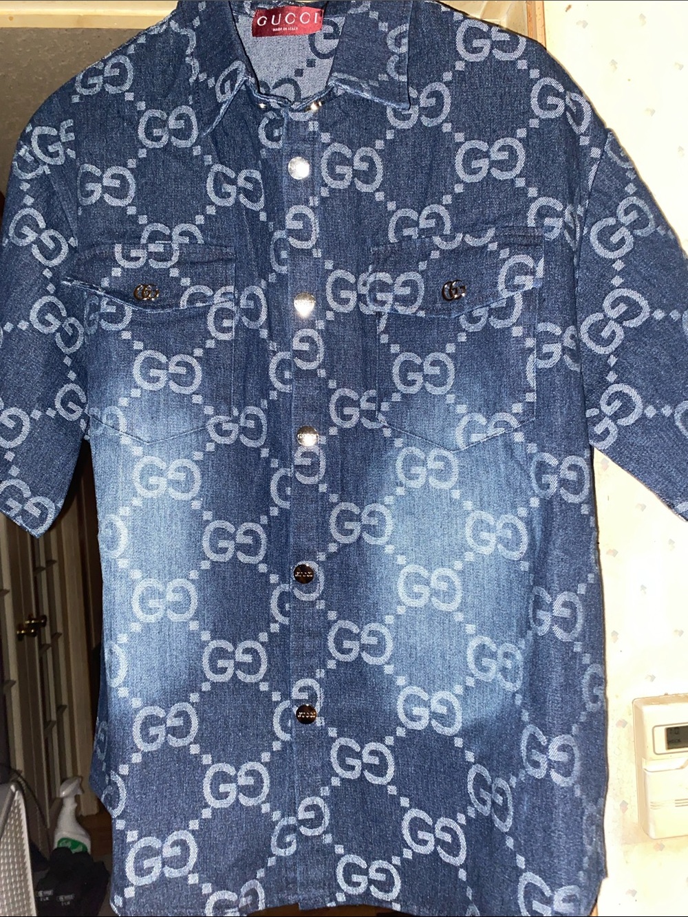 Gucci Blue Denim Short-Sleeve Monogram Button Shirt